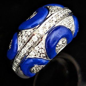 Estate Diamonds Royal Blue Enamel 14k White Gold Cocktail Dome Ring Pave Gift